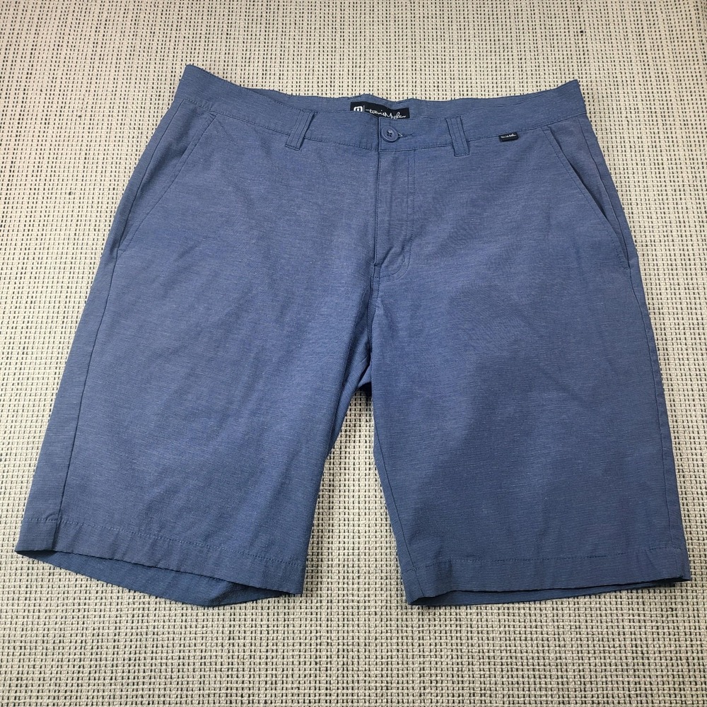 Travis Mathew Shorts‎ Mens 34 Blue Striped Chino Golf 11 Inseam Casual Summer